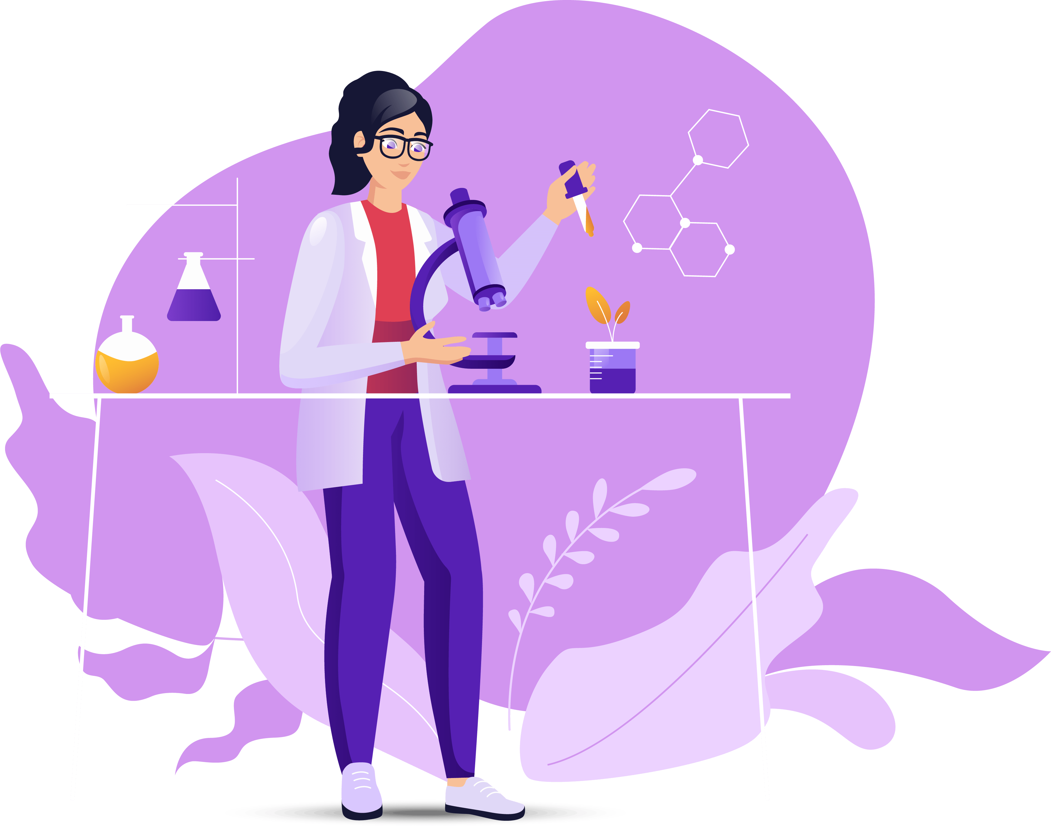 Eine Frau am Mikroskop mit einer Pipette in der Hand vor lila Hintergrund